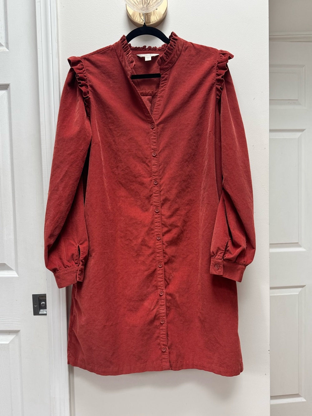 Garnet Hill Rust Corduroy Ruffle Collar 100% Cotton Long-Sleeve Dress